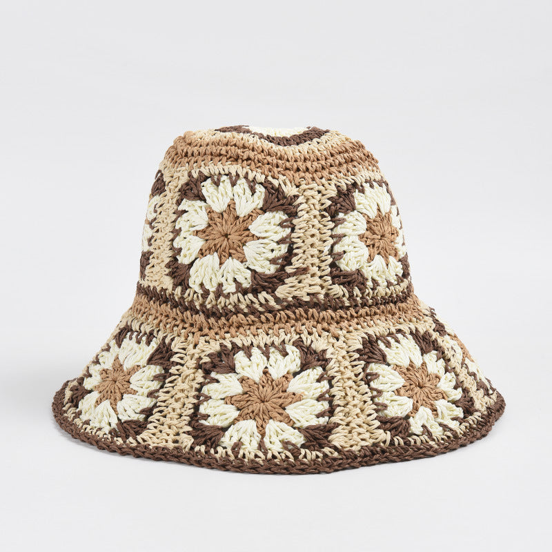 Crochet Straw Bucket Hat with Granny Squares, Wide Brim, Women's, Beige, Packable Sun Hat