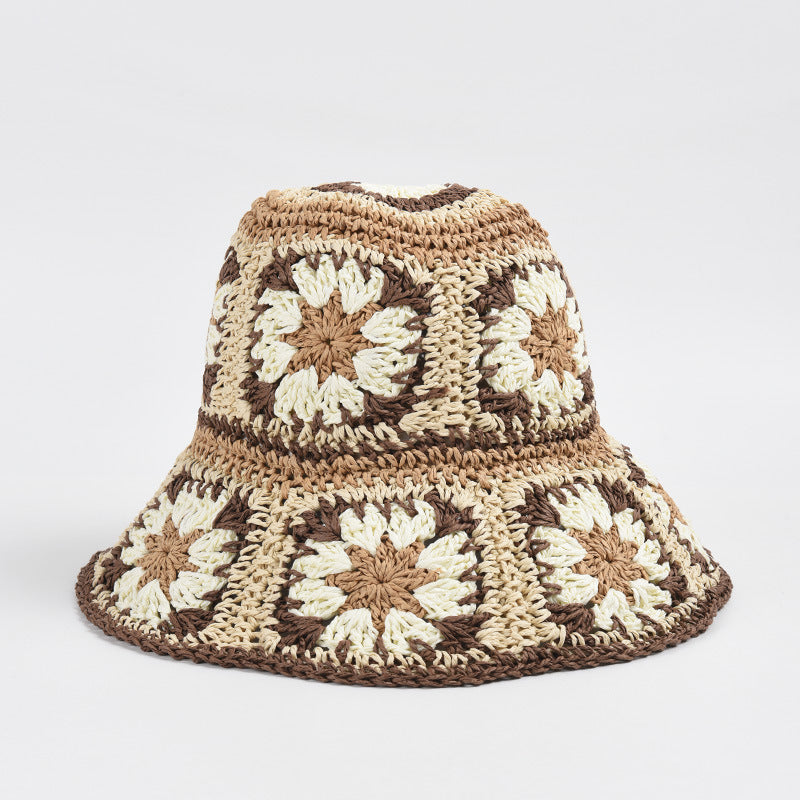 Handmade Crochet Straw Hat with Granny Squares, Wide Brim Bucket Hat ...