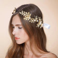 Metal Leaf Headband in Gold with Pearl