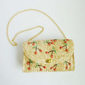 Straw Crossbody Purse with Embroidered Cherry