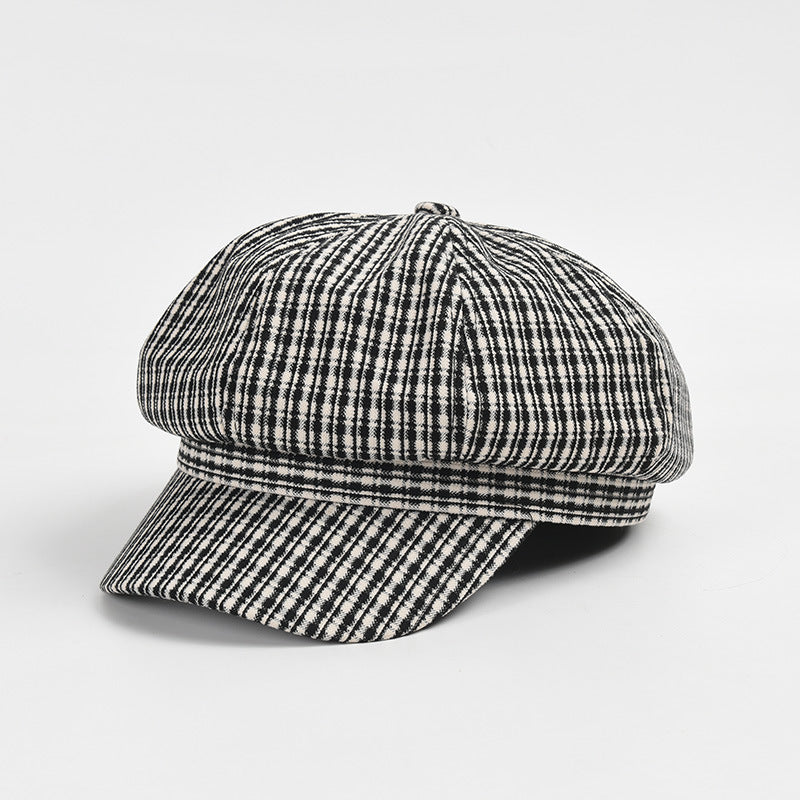 HIMODA- Plaid Beret Hat with Brim, In Black/Cream/Dark Beige