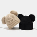 HIMODA cute knit beanie hat with ears- cuffed - ivory & black